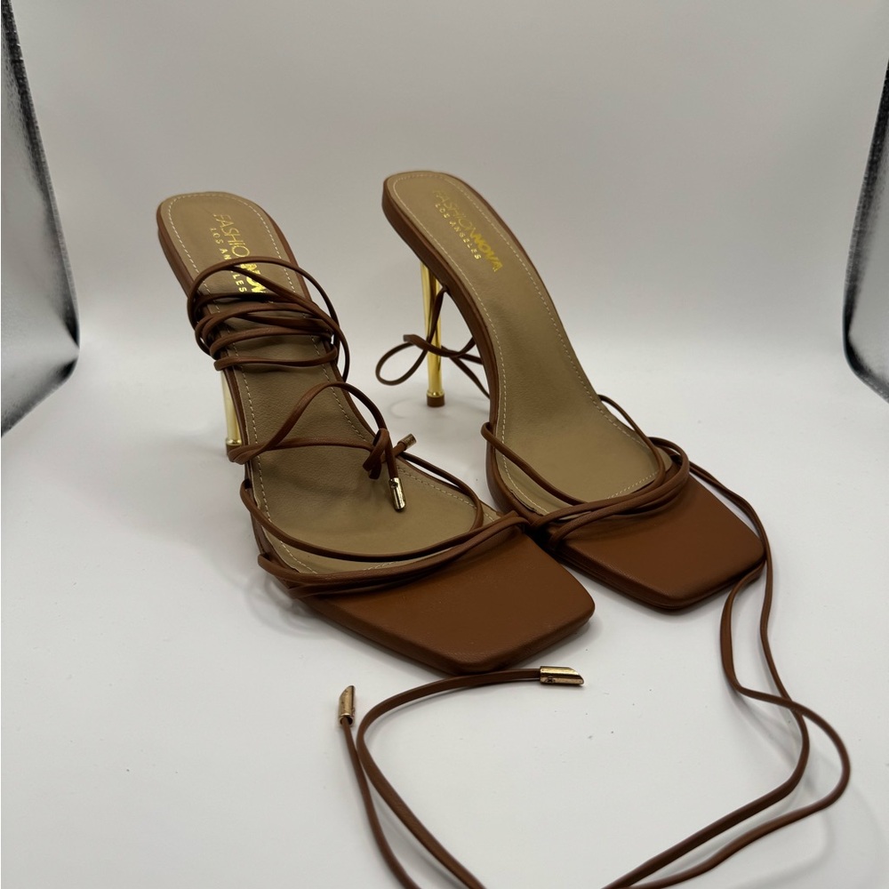 Fashion Nova Brown Lace-Up Square Toe Heels with Gold Stiletto